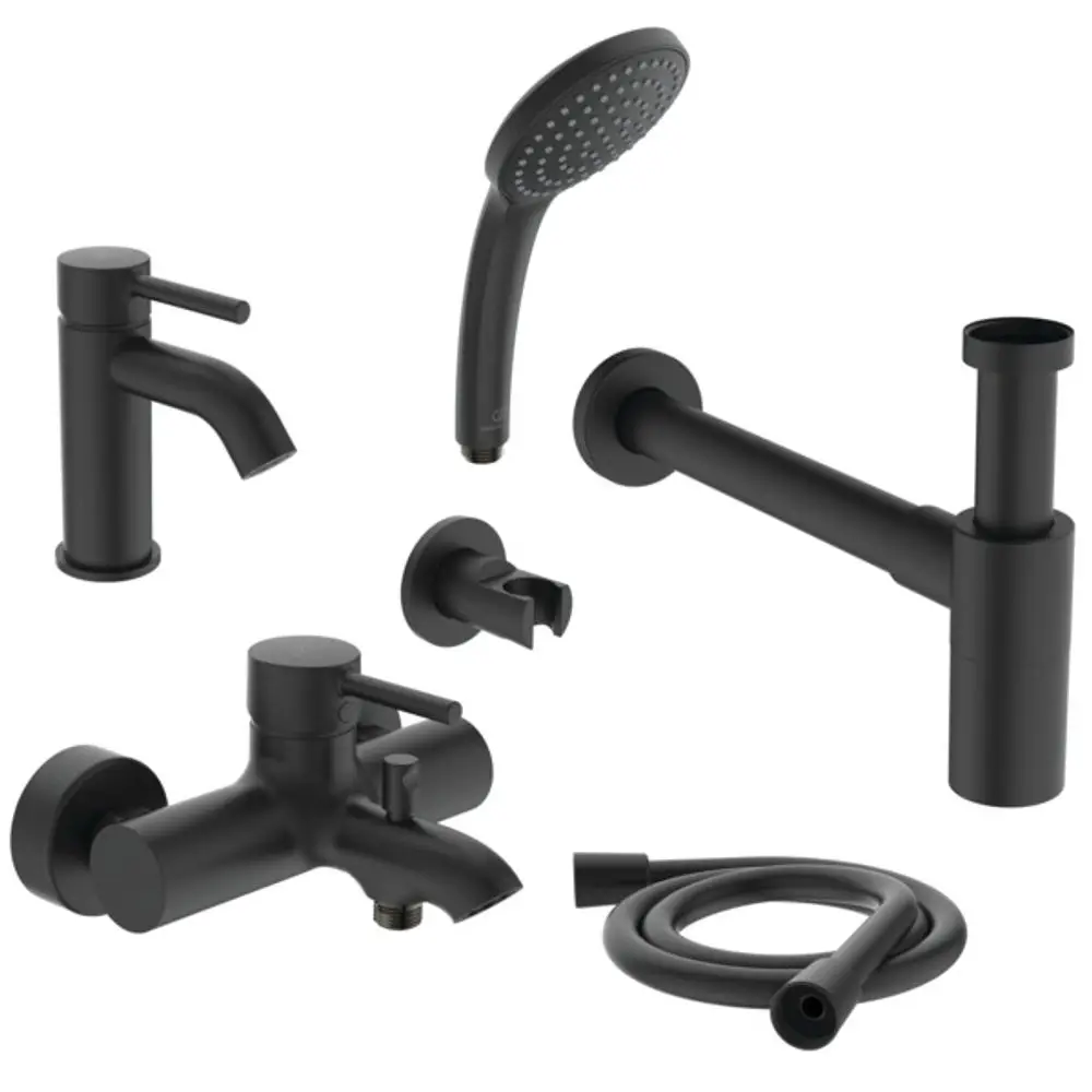 Schwarzes Armaturen-Set von Ideal Standard, bestehend aus verschiedenen Komponenten wie Handbrause, Mischbatterien, Wandmontage und flexiblen Schläuchen.